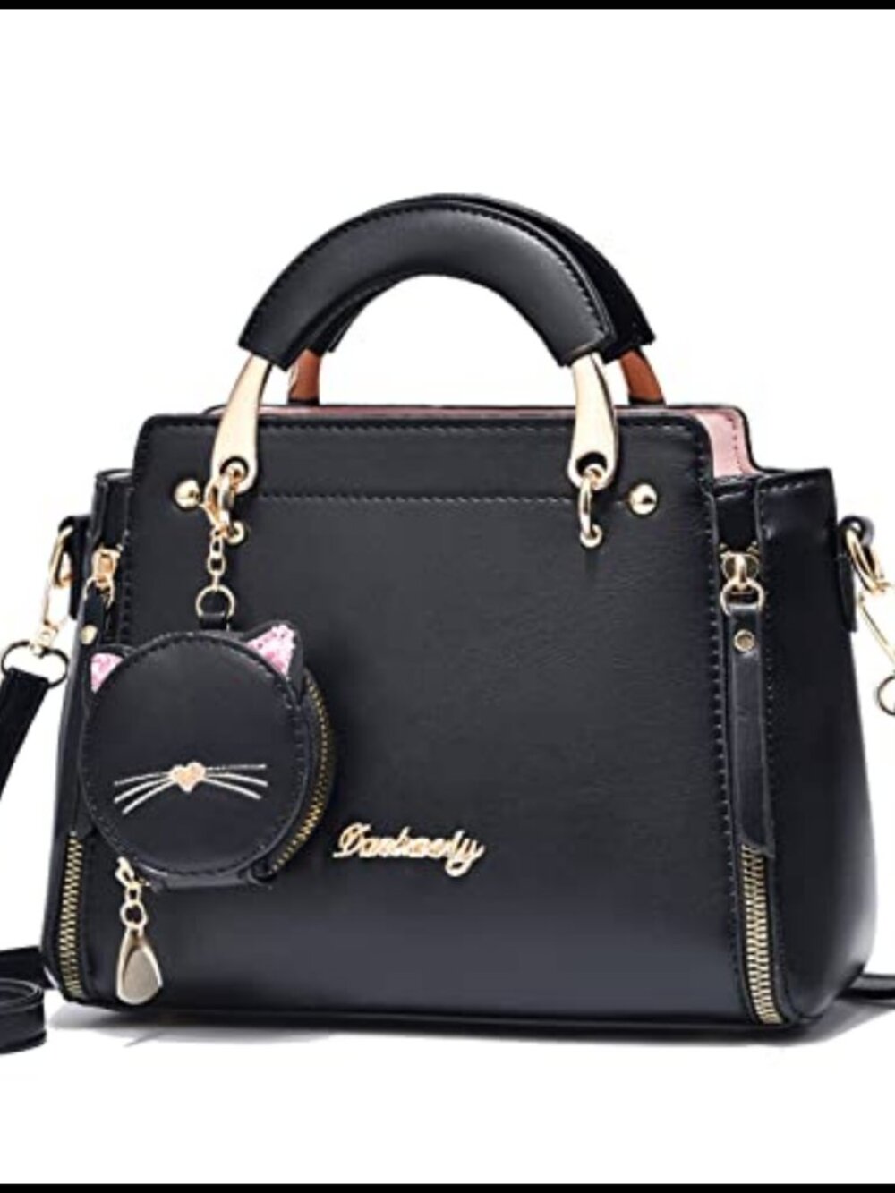 PU Leather Satchel Crossbody Top Handle Mini Tote Purse with Kitten Pendant